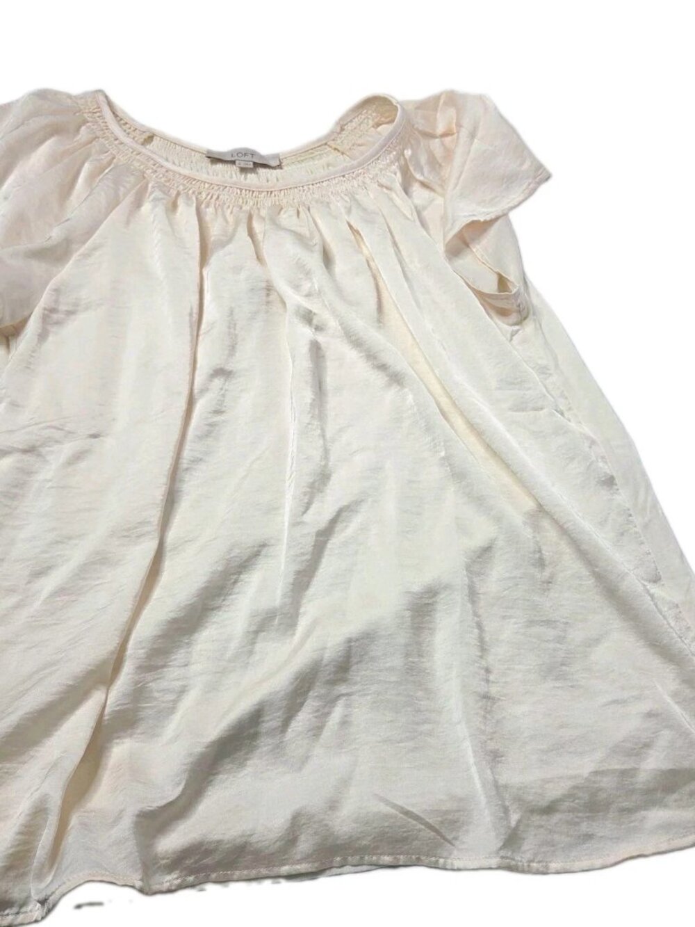 LOFT Women's M White Solid Smocked Neck Puff Short Sleeve Blouse